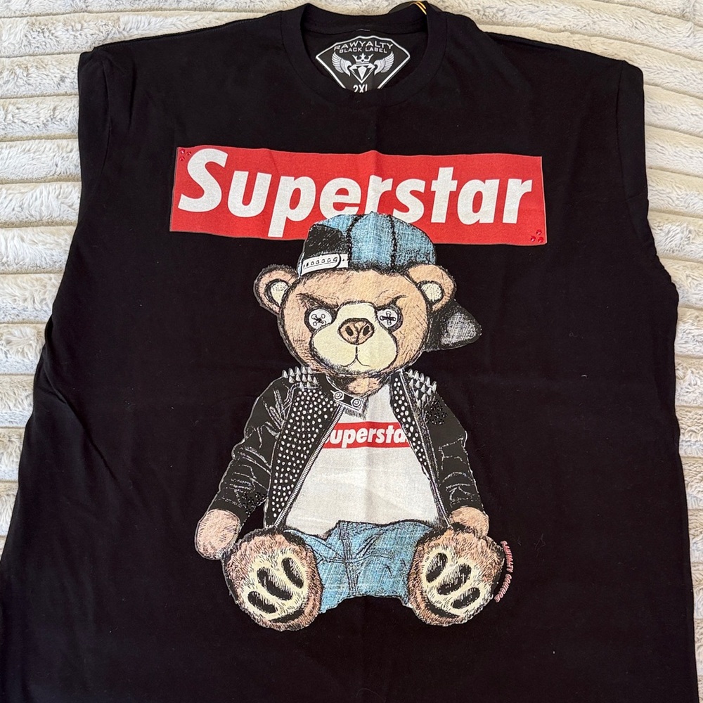 Black Label Black Tee with Red 'Superstar' Teddy Graphic